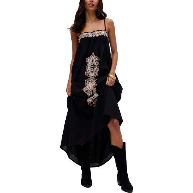 Sapphire Spaghetti Strap Embroidered Maxi Dress, Black