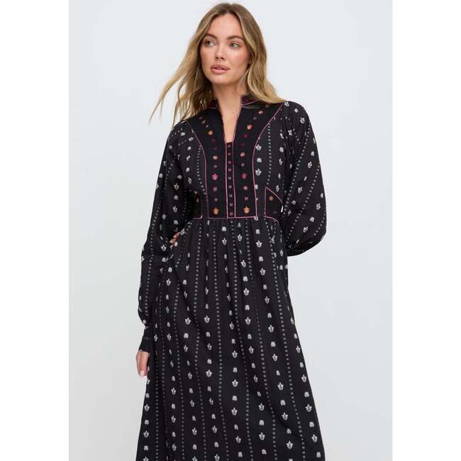 Ocean Elasticated Back Embroidered Maxi Dress, Black - Dresses - 3