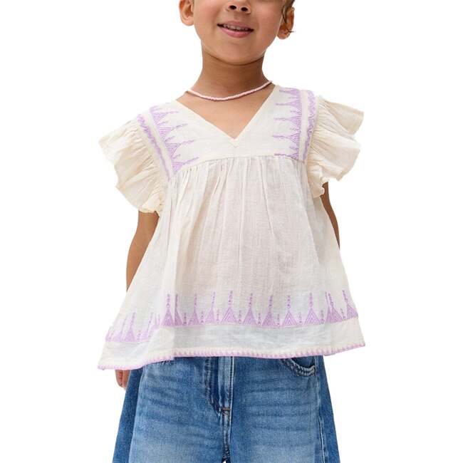 Mariana Flutter Sleeve Embroidered Blouse, Ecru