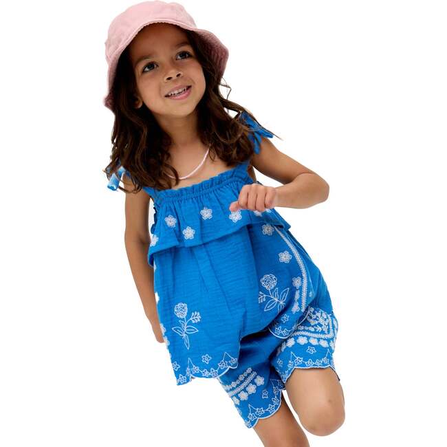 Savvanah Frill Neck All Over Embroidered Co-Ord Set, Blue - Shorts - 4