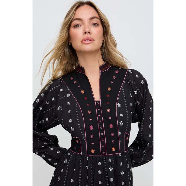 Ocean Elasticated Back Embroidered Maxi Dress, Black - Dresses - 4