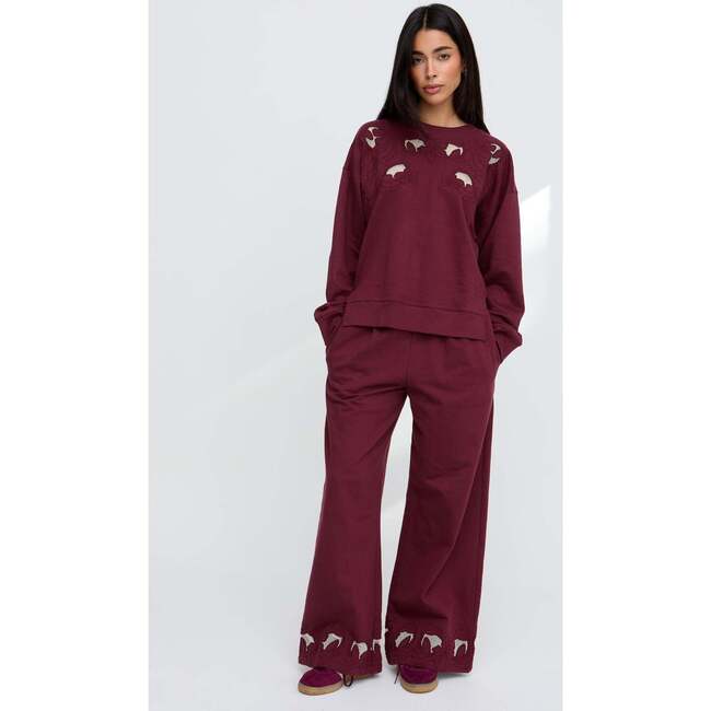 Lily-Anne Long Sleeves Cut Out Embroidered Sweatshirt, Burgundy - Sweatshirts - 3