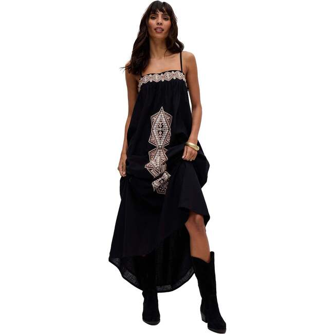 Sapphire Spaghetti Strap Embroidered Maxi Dress, Black - Dresses - 6