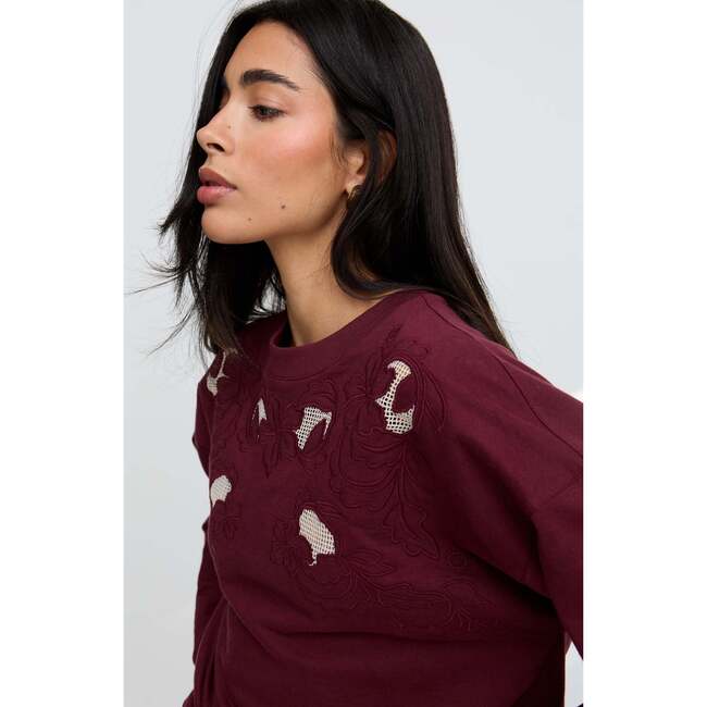 Lily-Anne Long Sleeves Cut Out Embroidered Sweatshirt, Burgundy - Sweatshirts - 5