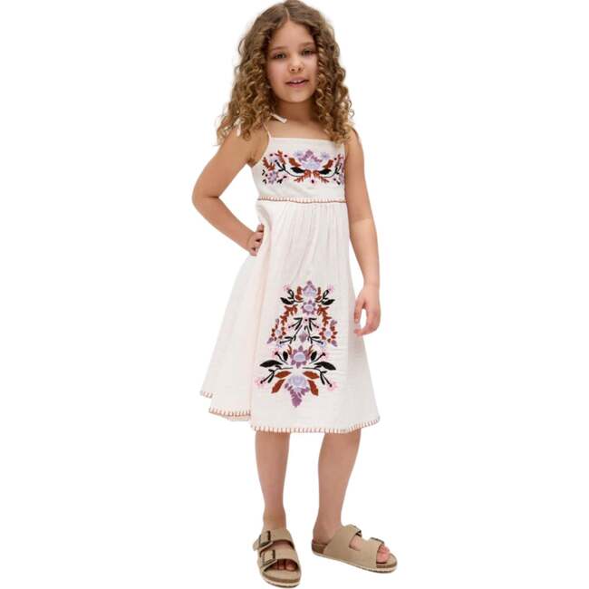 Kids Furla Smocked Panel Embroidered Dress, Ecru