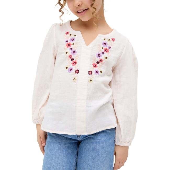 Kids Dina V-Neck Embroidered Blouse, Ecru