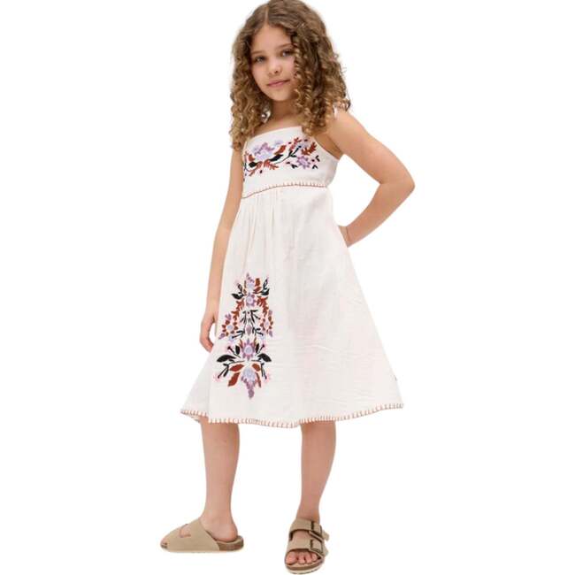 Kids Furla Smocked Panel Embroidered Dress, Ecru