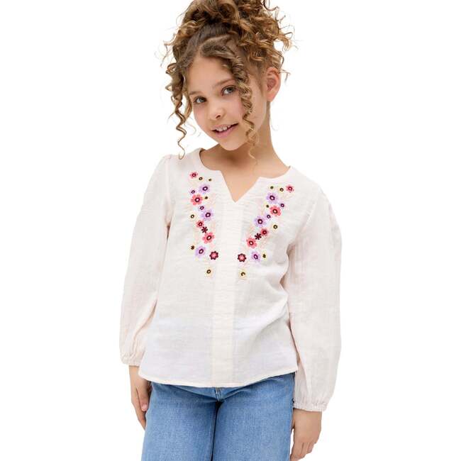 Kids Dina V-Neck Embroidered Blouse, Ecru