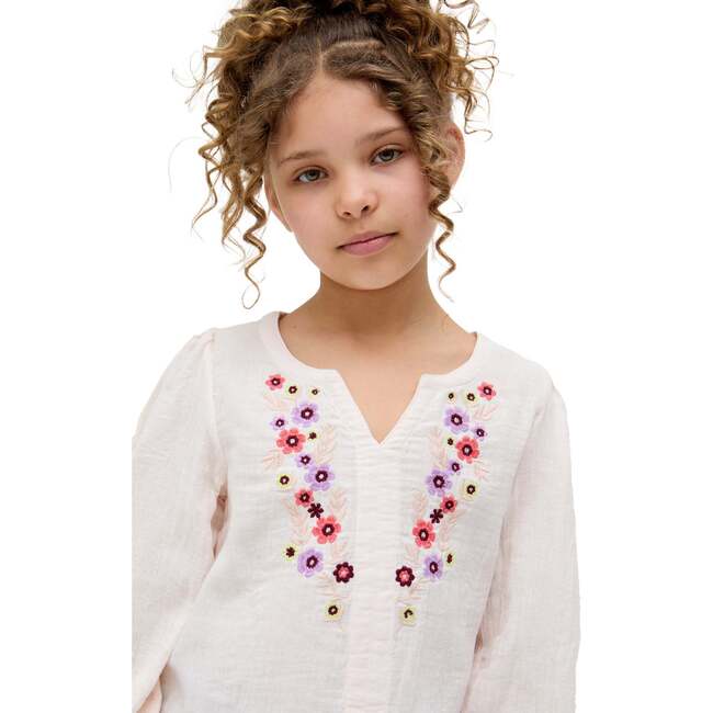 Kids Dina V-Neck Embroidered Blouse, Ecru - Blouses - 3