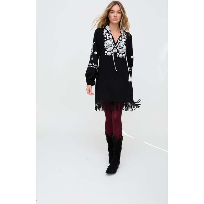 Katie Fringe Embroidered Mini Dress, Black