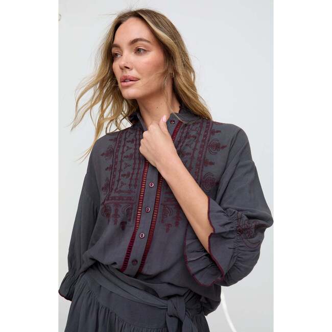 Julie Ruffle Neck Embroidered Shirt, Purple
