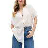 Juneeta Crop Sleeve Button Down Shirt, Cream - Blouses - 2