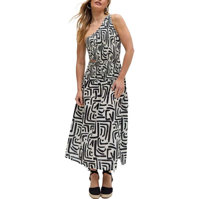 Jazz Jersey One Shoulder Warhol Print Midi Dress, Black