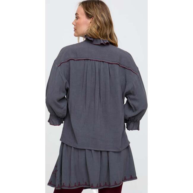 Julie Ruffle Neck Embroidered Shirt, Purple