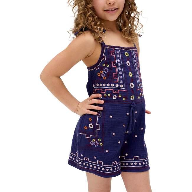 Sailor Necktie All Over Embroidered Romper, Navy