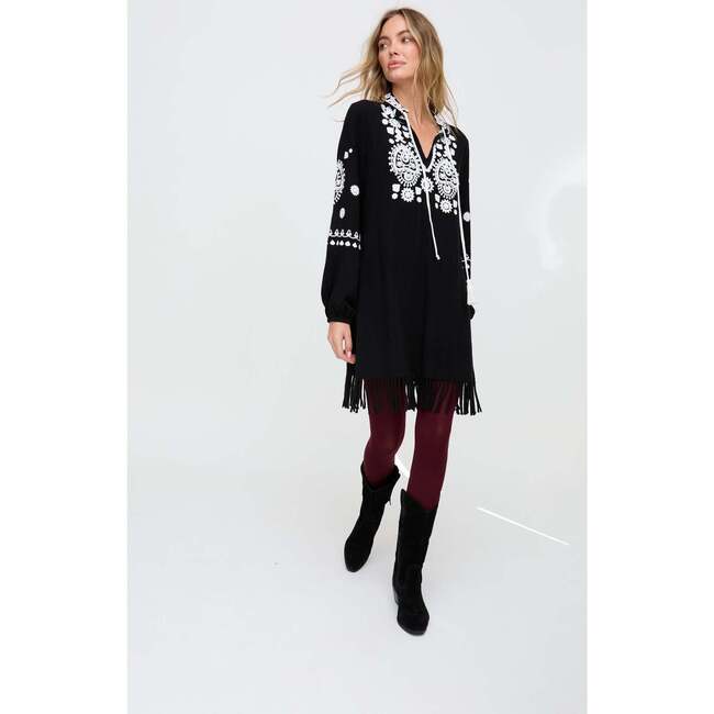 Katie Fringe Embroidered Mini Dress, Black - Dresses - 3