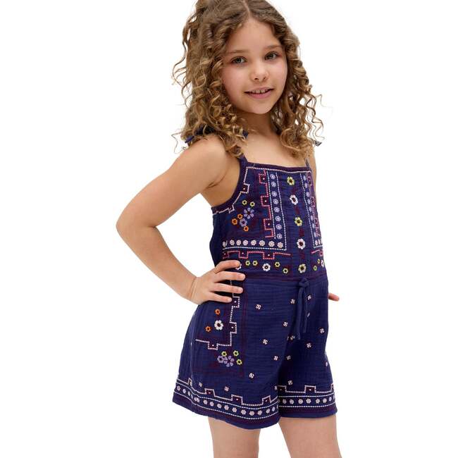 Sailor Necktie All Over Embroidered Romper, Navy