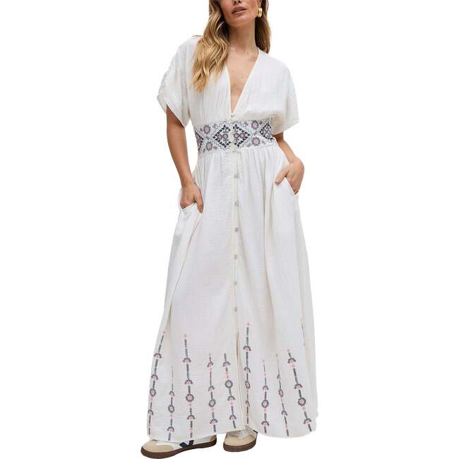 Sally Ann Button Down Embroidery Maxi Dress, White