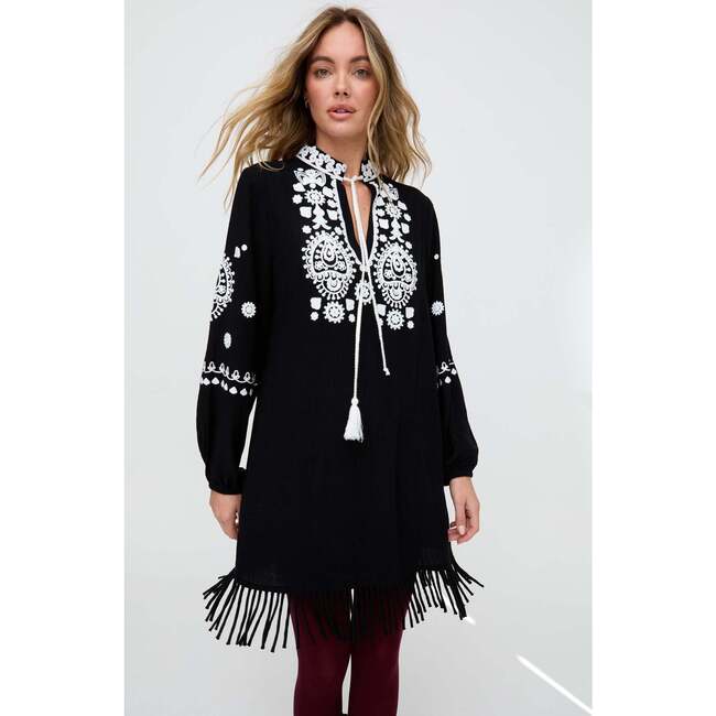 Katie Fringe Embroidered Mini Dress, Black - Dresses - 4