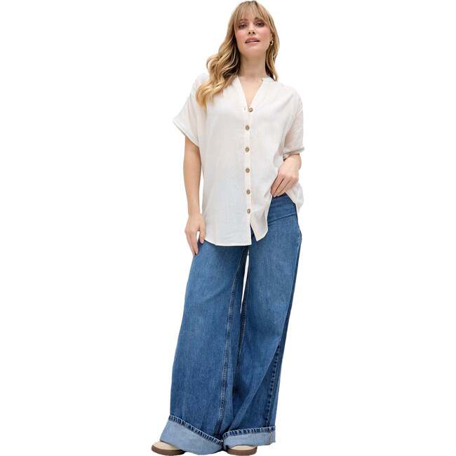 Juneeta Crop Sleeve Button Down Shirt, Cream - Blouses - 5