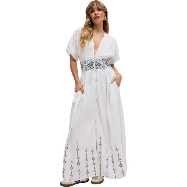Sally Ann Button Down Embroidery Maxi Dress, White - Dresses - 6