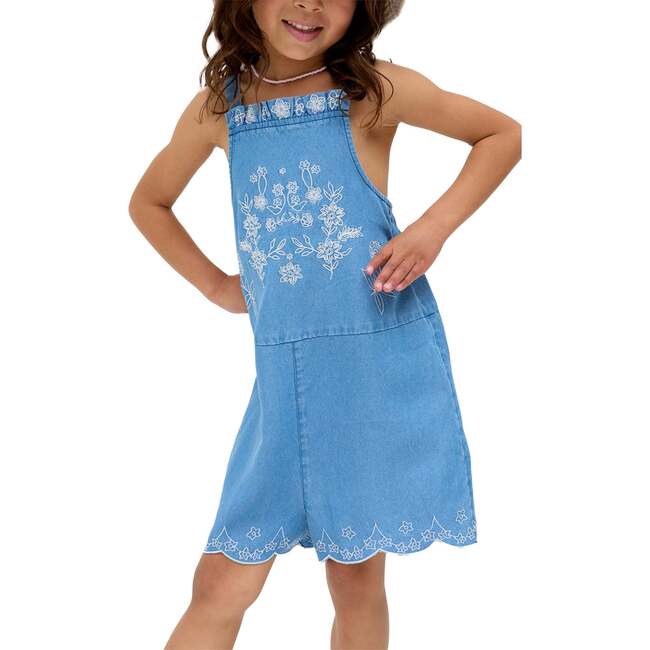 Rachel Scalloped Hem Embroidered Romper, Blue