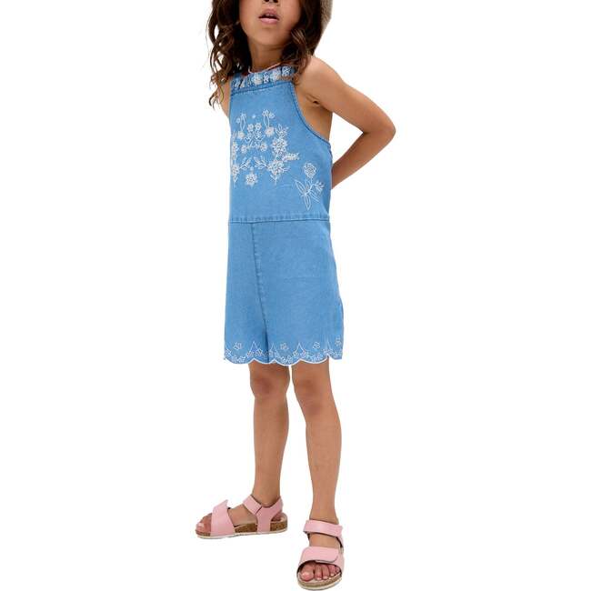 Rachel Scalloped Hem Embroidered Romper, Blue