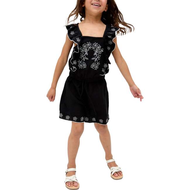 Philo Ruffle Neck Embroidered Romper, Black