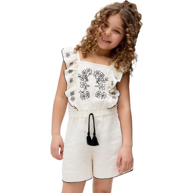 Philo Ruffle Neck Embroidered Romper, Ecru