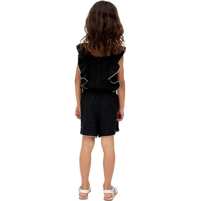 Philo Ruffle Neck Embroidered Romper, Black