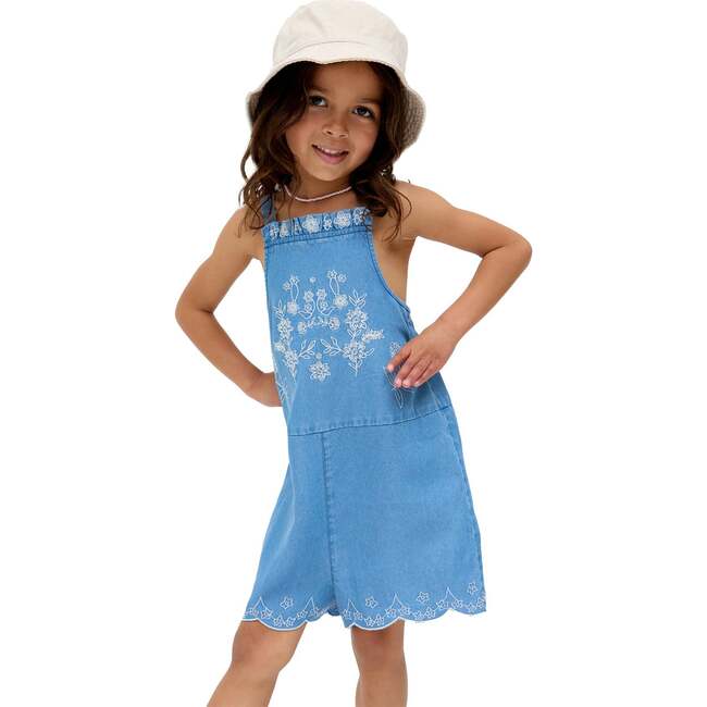 Rachel Scalloped Hem Embroidered Romper, Blue - Rompers - 4