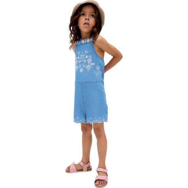Rachel Scalloped Hem Embroidered Romper, Blue - Rompers - 5