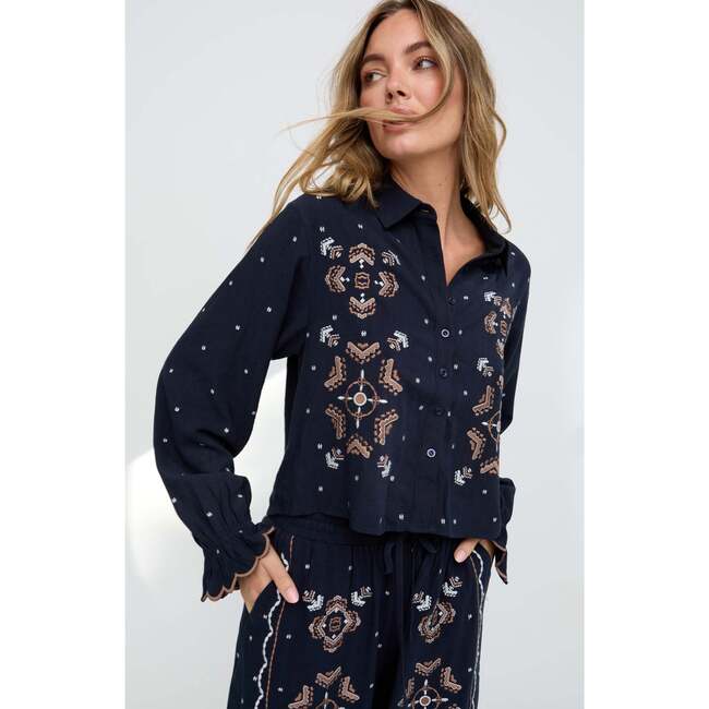 Penny Boxy Embroidered Shirt, Navy