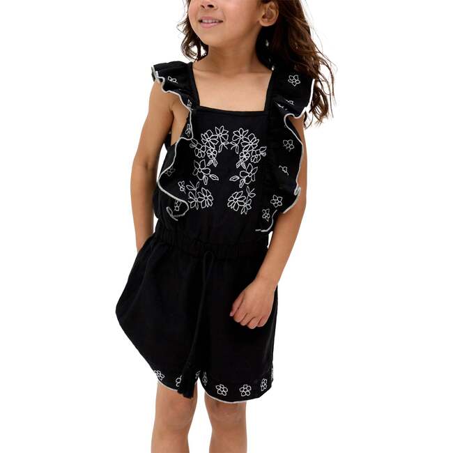 Philo Ruffle Neck Embroidered Romper, Black - Rompers - 5