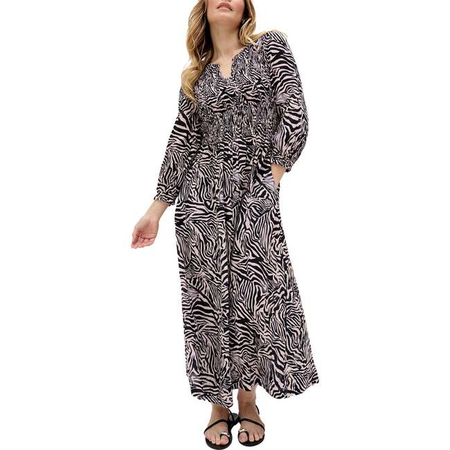 Paulina Shirred Bodice Zebra Print Maxi Dress, Black