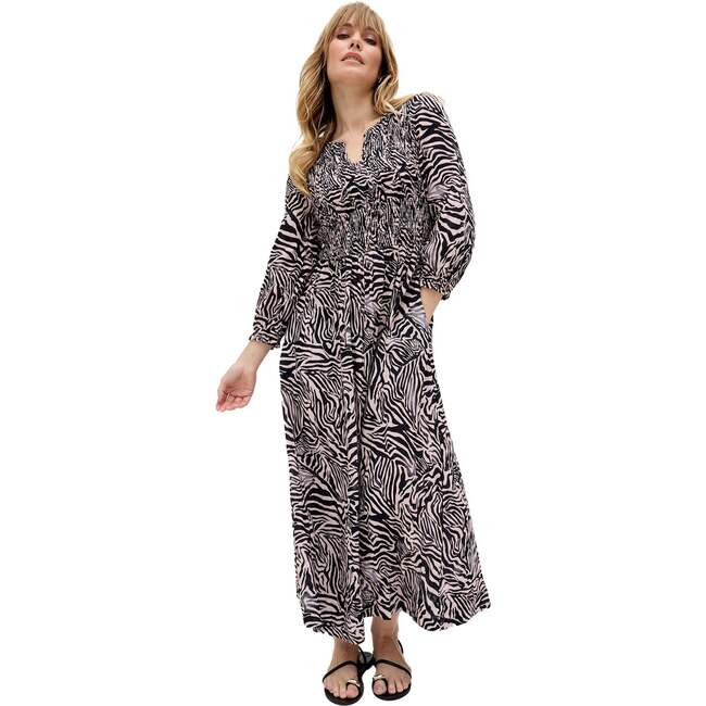 Paulina Shirred Bodice Zebra Print Maxi Dress, Black - Dresses - 6