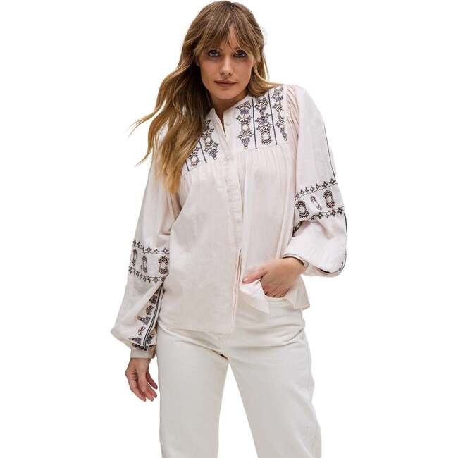 Demi Embroidered Ballon Sleeve Shirt, Cream