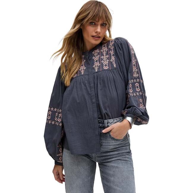 Demi Embroidered Ballon Sleeve Shirt, Grey