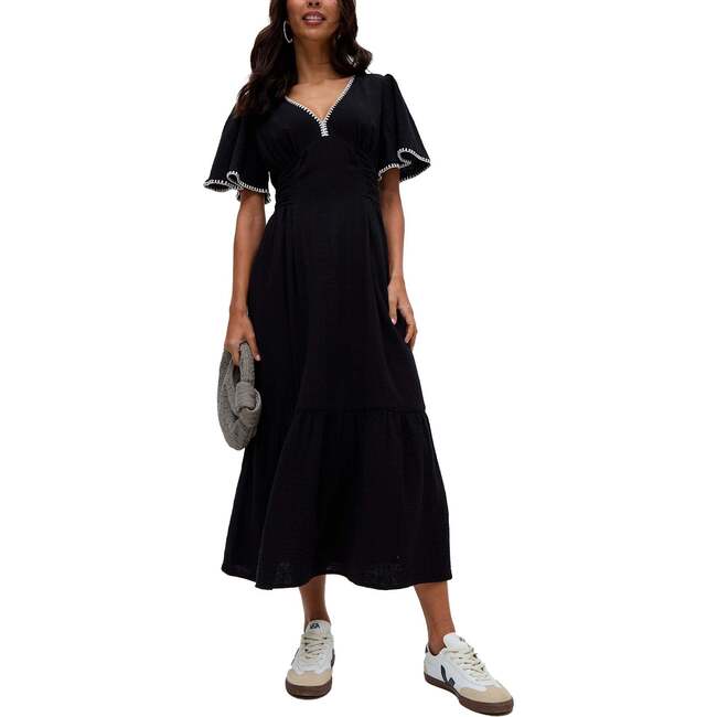 Delilah V-Neck Front Tie Midi Dress, Black