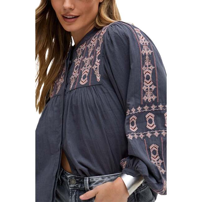 Demi Embroidered Ballon Sleeve Shirt, Grey