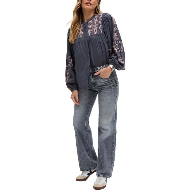 Demi Embroidered Ballon Sleeve Shirt, Grey - Blouses - 4