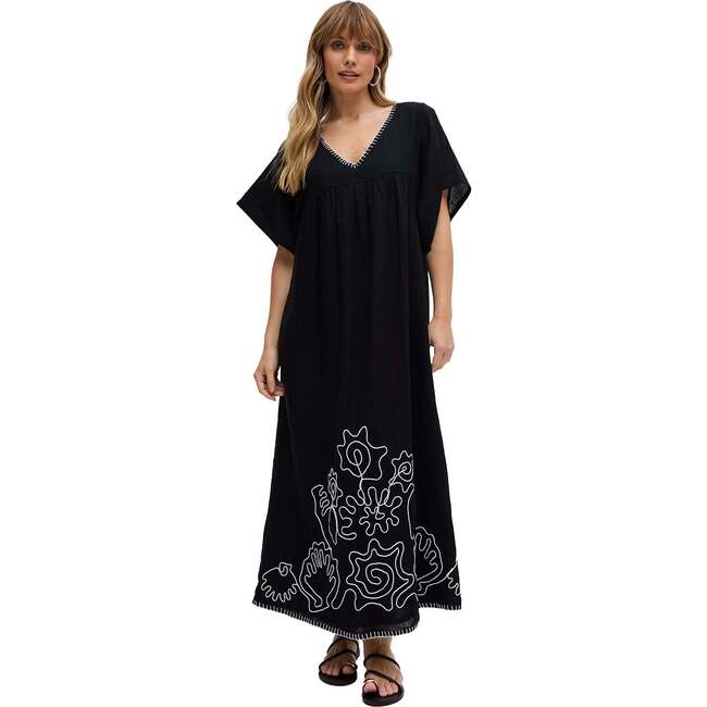 Candy Tabard Embroidered Hem Midi Dress, Black