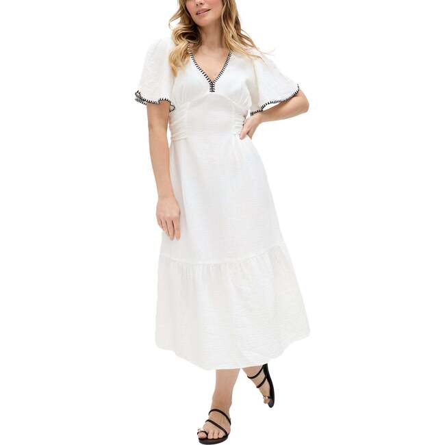 Delilah V-Neck Front Tie Midi Dress, Ecru - Dresses - 5