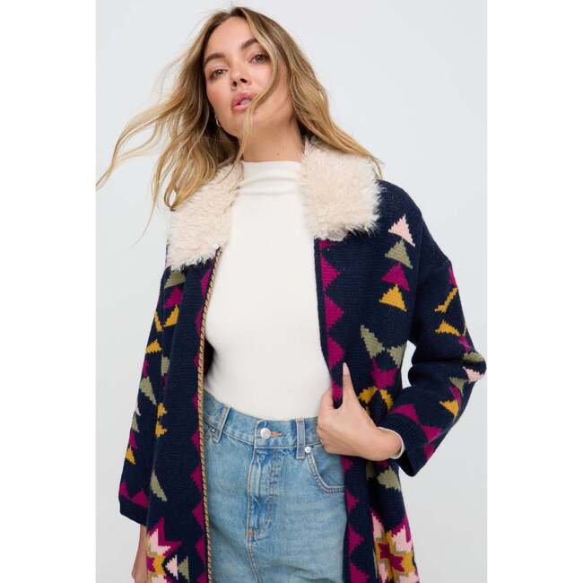 Cathy Jacquard Long Line Cardigan, Navy