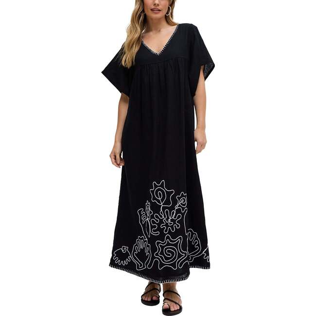 Candy Tabard Embroidered Hem Midi Dress, Black