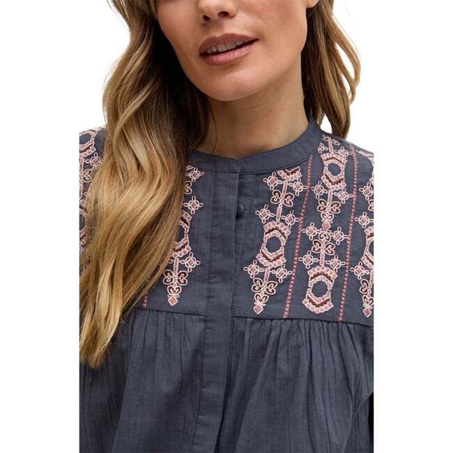 Demi Embroidered Ballon Sleeve Shirt, Grey - Blouses - 6