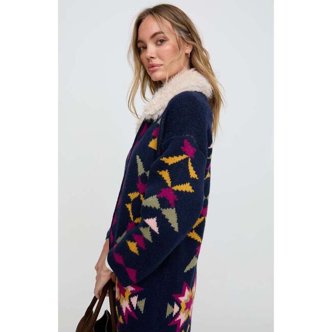 Cathy Jacquard Long Line Cardigan, Navy - Sweaters - 6