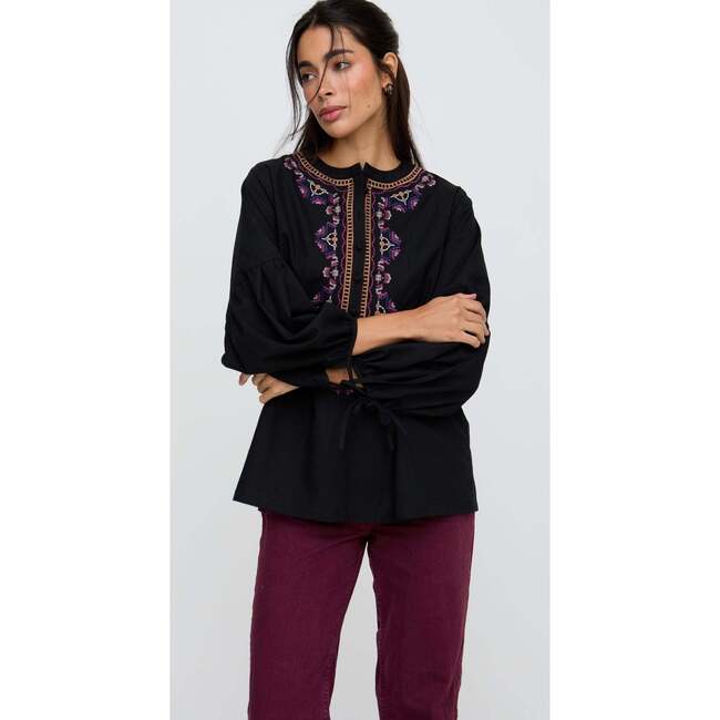 Anai Half Placket Embroidered Blouse, Black
