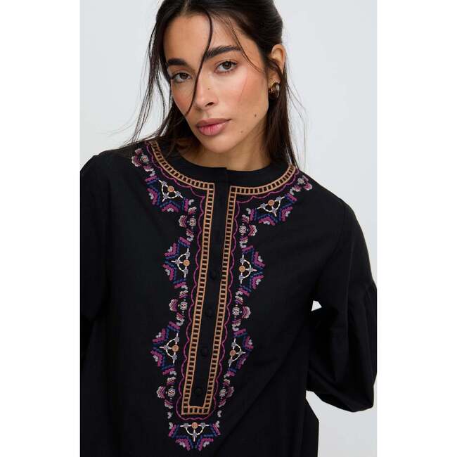 Anai Half Placket Embroidered Blouse, Black