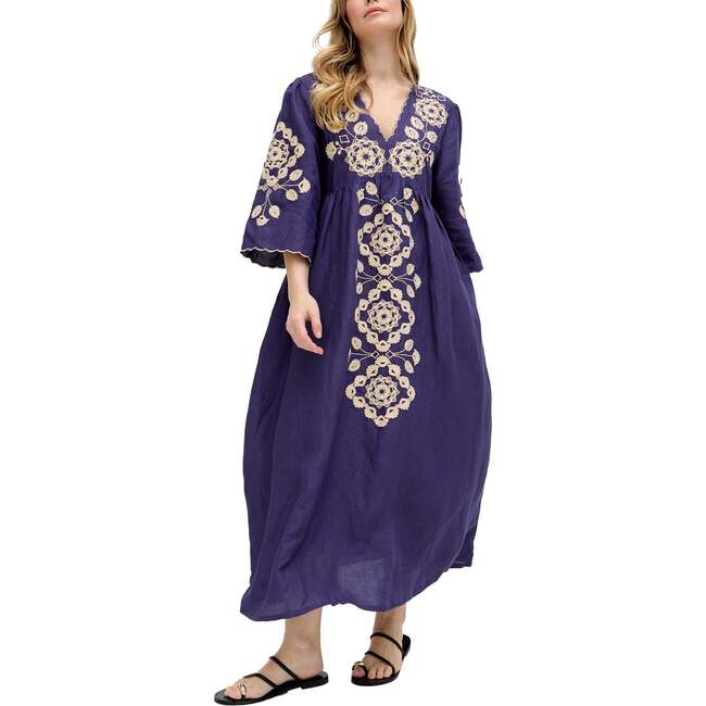 Arianna V- Neck Embroidered Maxi Dress, Navy - Dresses - 5